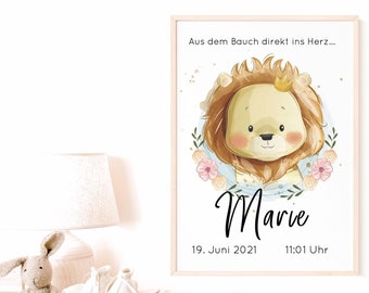 Kinderzimmer Babyzimmer Bild personalisiert Löwe; Baby Geschenk Geburt Taufe; Wandbild, Digitaldruck, individuelles Namensbild, Geburtsdaten