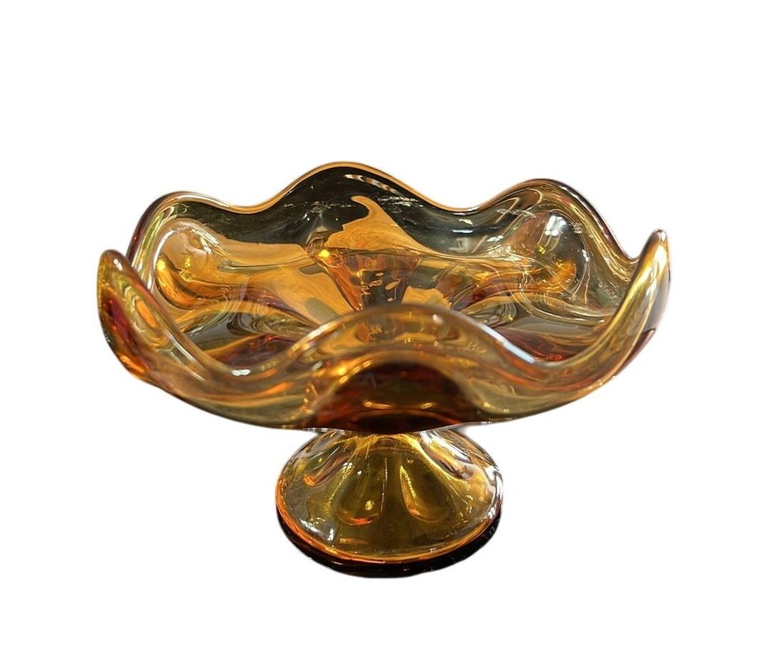 Vintage Viking Drape Amber Ruffled Edge Footed Glass Compote Candy Dish ...