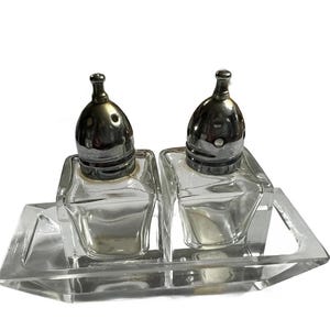 Vintage Viking Glass Crystal Clear w/ Chrome Salt & Pepper Shakers Tray Japan