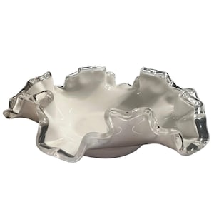 VTG FENTON Silver Crest Milk Glass 6” Round Ruffled Edge Bowl /Candy Dish
