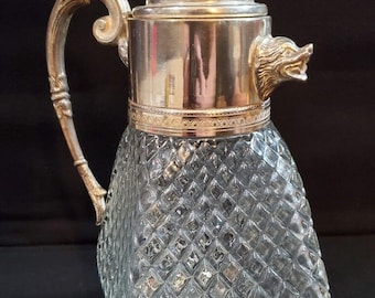 VTG Crystal -Silver Plate -Decanter/Pitcher/Carafe -Hinged Lid -Hog/Boar Spout
