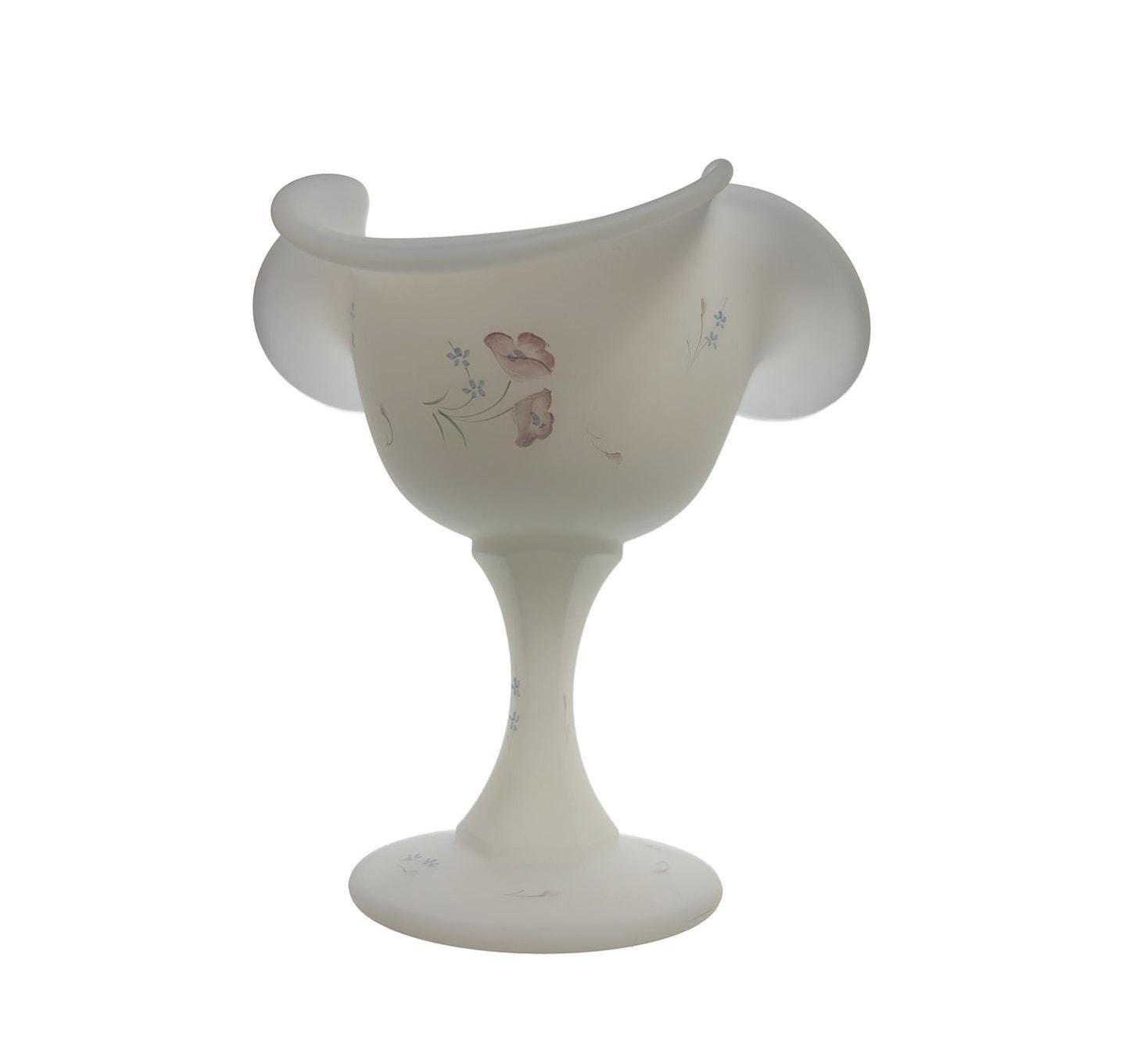VTG Fenton Hand Painted Frosted Ruffle Edge Blue Flowers Pedestal Candy/Trinket Dish
