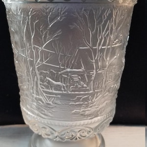 FENTON Clear Frosted Satin Currier and Ives Winter In The Country Footed Vase