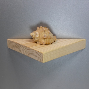 Puede incluir: Una estantería triangular de madera con una concha en la parte superior. La estantería está hecha de madera clara y tiene un acabado natural.