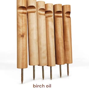 May include: Six wooden dowels with a rounded top and a small notch on the side. The dowels are finished with a birch oil stain and have a brass screw at the bottom.