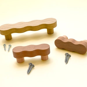Wavy wood curvy pulls for cabinet door + screws. Figured squiggly ethnic handle grip, wrists for kitchen desk drawers pulls, dresser, chest