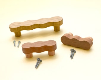 Wavy wood curvy pulls for cabinet door + screws. Figured squiggly ethnic handle grip, wrists for kitchen desk drawers pulls, dresser, chest