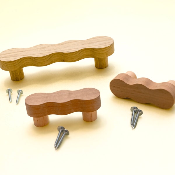 Wavy wood curvy pulls for cabinet door + screws. Figured squiggly ethnic handle grip, wrists for kitchen desk drawers pulls, dresser, chest