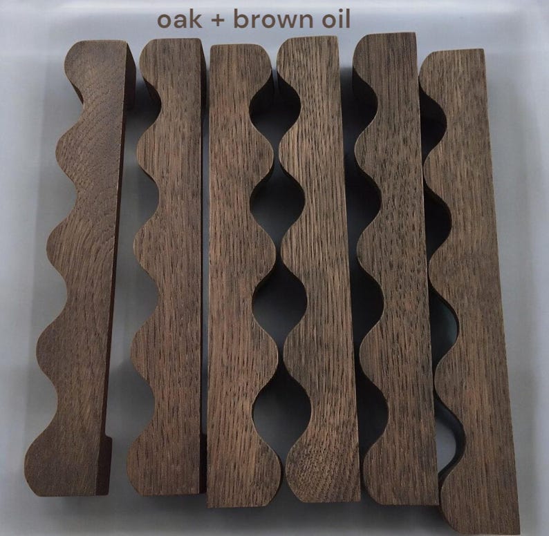 Wooden wavy handle with bushings and bolts for home furniture, doors, desk, dresser, drawer chest, sideboard, drawers Oak + dark oil