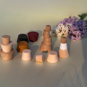 May include: A collection of small, truncated cone-shaped wooden objects in various natural wood tones, including light beige, medium brown, dark brown, and black, with one piece featuring a white painted band and small holes at the top.