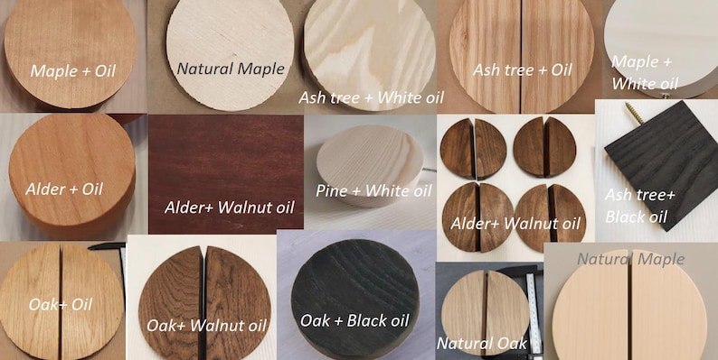 May include: A collection of circular wooden samples featuring various finishes including Maple + Oil, Natural Maple, Ash tree + White oil, Alder + Oil, Alder + Walnut oil, Pine + White oil, Ash tree + Black oil, Oak + Oil, Oak + Walnut oil, and Oak + Black oil.