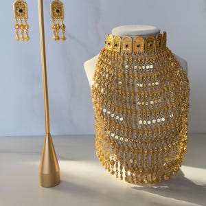 Gold Plated Khaleeji Necklace & Earrings: Middle Eastern Jewelry Set