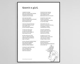 May include: Black and white line art illustration of a woman's face with a butterfly above her head. The image includes a poem about a girl who is trying to find her voice and overcome her fears. The poem reads, "there's a girl..."