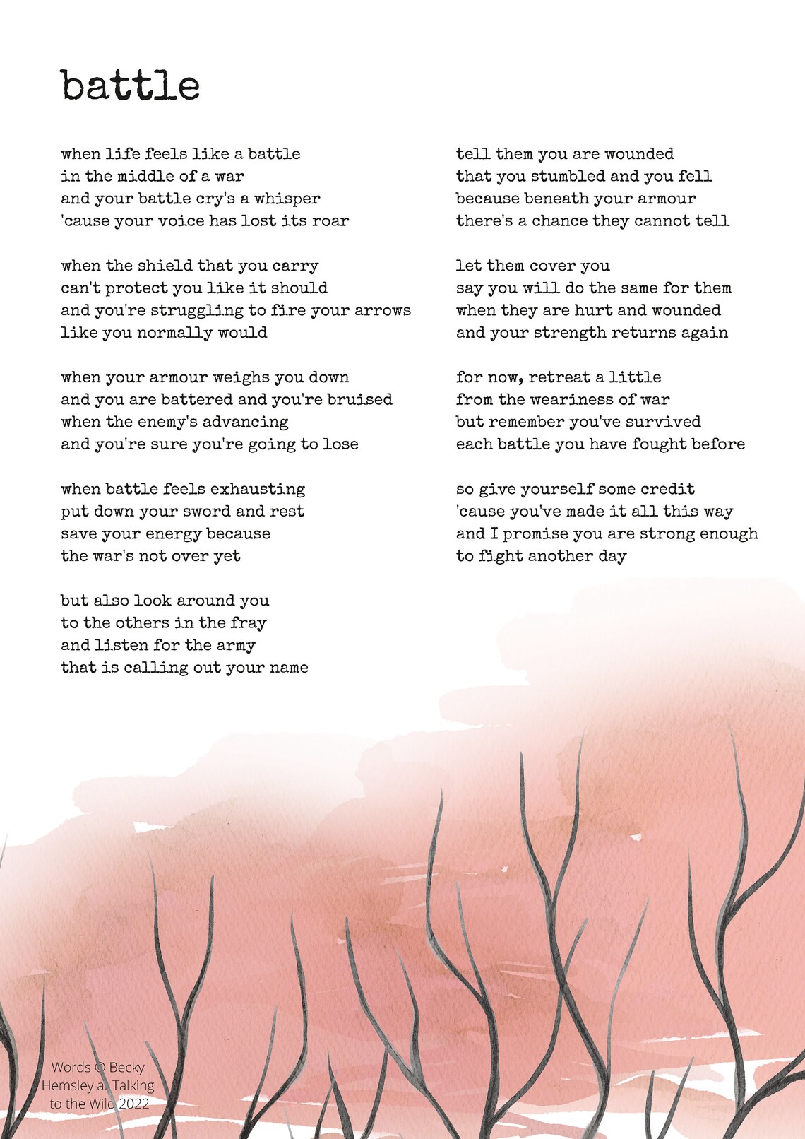 Battle Original Poetry Print A4 Digital Download by Becky Etsy
