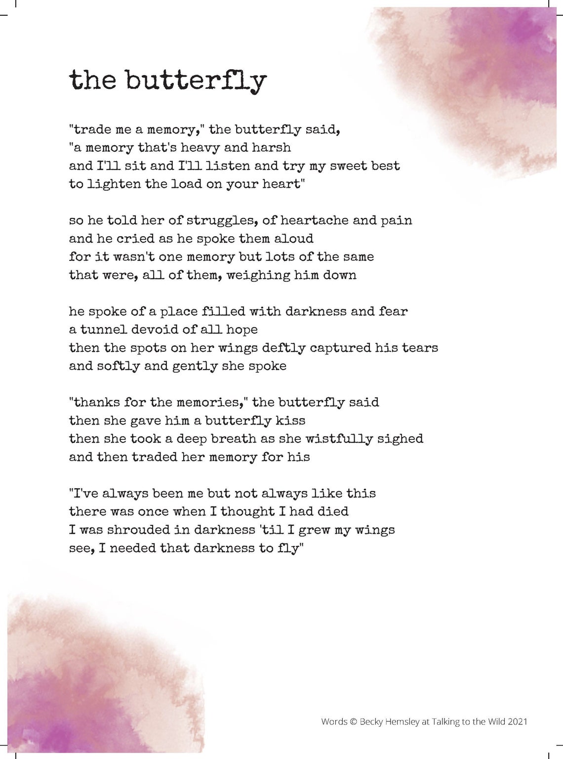 The Butterfly Original Poetry Print digital Download by Etsy