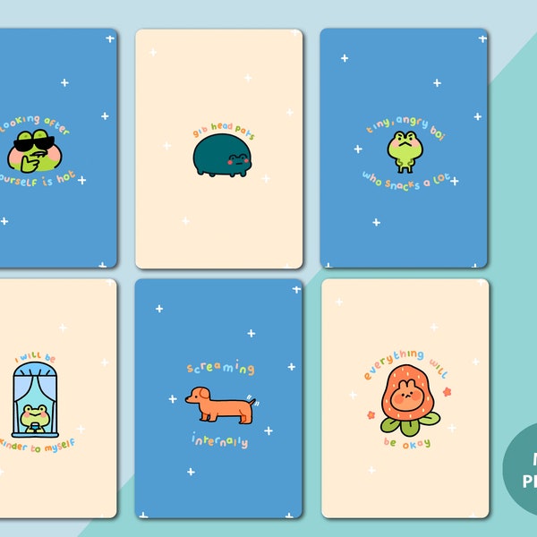 Cute Affirmation self care cards, kawaii frogs and dogs mini cards prints A7