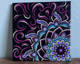 Hand Painted 10"x10" Mandala on Canvas - Wall Art - Purple, Pink and Black