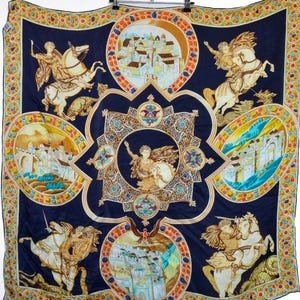 Vintage 100% Silk Scarf – Baroque Equestrian & Cityscape Print