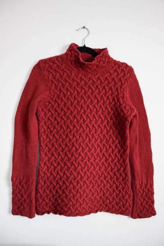 Vintage Wool & Cashmere Cable Knit Sweater | Deep Red Textured Knit | Cozy Minimalist Pullover