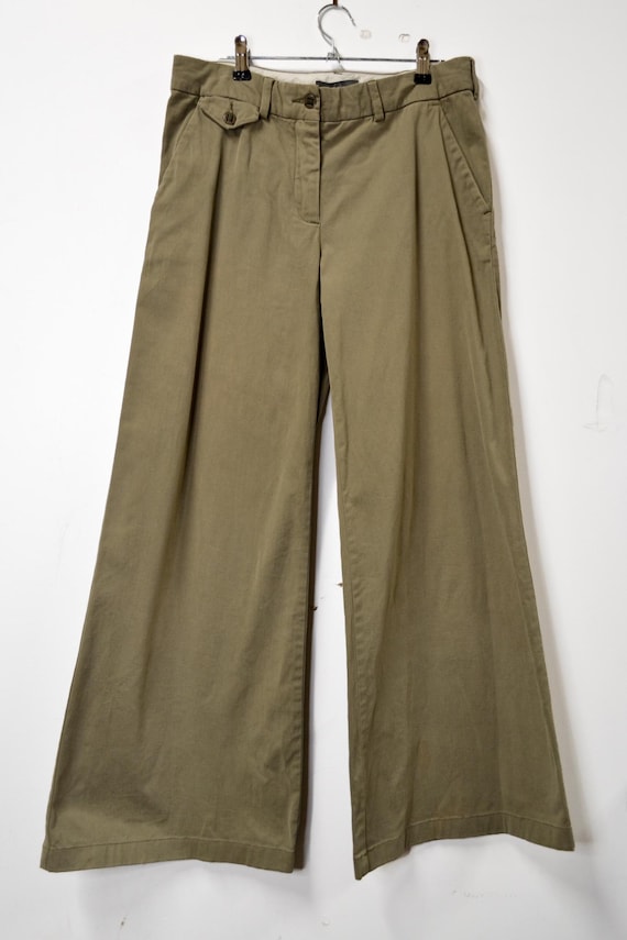 Alexander McQueen, Alexander McQueen Olive Khaki Wide Leg Trousers High Waisted Cotton Tailored Pants Made in Italy