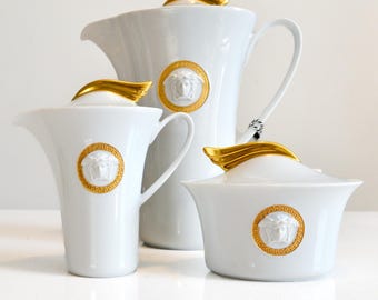 Juego de café Medusa de VERSACE Rosenthal: vajilla vintage de porcelana dorada de 24 quilates