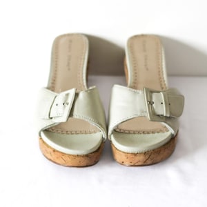 Y2K Cork Wedge Sandals  White Leather Slides - Easy Step Size 7.5