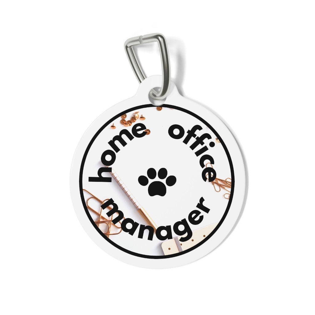 home office manager pet tag - médaille ronde en métal personnalisée pour chiens et chats clip inclus