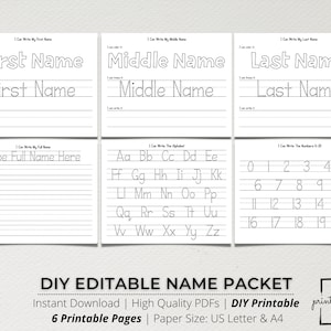 Custom Name Tracing Packet, Handwriting Practice, Name Writing, Name Worksheet, Editable Name Tracing, Name Trace Worksheet, ABC & 123, DIY