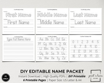 Custom Name Tracing Packet, Handwriting Practice, Name Writing, Name Worksheet, Editable Name Tracing, Name Trace Worksheet, ABC & 123, DIY