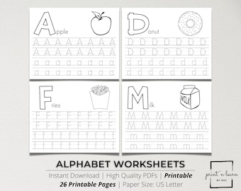 Food Alphabet Worksheet, Handwriting Practice, ABC Writing, Alphabet Tracing Worksheet, ABC Trace Worksheet, Tracing Workbook, Printable
