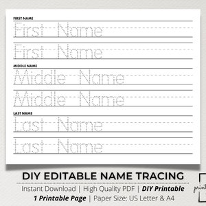 Foglio di tracciamento del nome personalizzato, Pratica di scrittura a mano, Scrittura del nome, Foglio di lavoro per il nome, Tracciamento del nome modificabile, Foglio di lavoro per tracciare il nome, Lettere puntinate, Fai da te