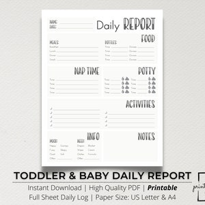 Toddler & Baby Daily Log Template, Child Daily Report, Toddler Report, Daycare Tracker, Nanny Log, Daily Report, Babysitter Report