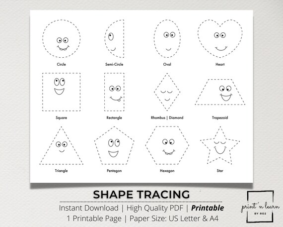 Shape Tracing Worksheet for Kindergarten, Preschool. Learn to Trace Shapes,  Montessori Activity, Easy Printable