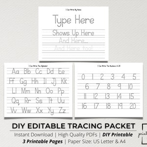 May include: A printable tracing packet for kids to practice writing the alphabet, numbers 0-20, and their name. The packet includes three pages and is available for instant download. The text "DIY EDITABLE TRACING PACKET" is printed in black at the bottom of the image.