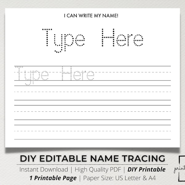 Custom Name Tracing Sheet, Handwriting Practice, Name Writing, Name Worksheet, Editable Name Tracing, Name Trace Worksheet, Printable, DIY