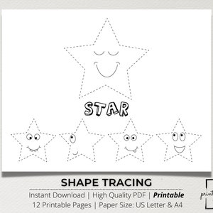 May include: A white printable worksheet with the word "STAR" and several star shapes with faces. The worksheet is designed for shape tracing and includes the text "SHAPE TRACING".