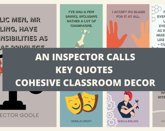 May include: A set of 8 classroom posters featuring key quotes from the play An Inspector Calls. The posters are in a cohesive style with a grey background and colourful accents. Each poster features a quote from the play, a character name, and a visual element related to the quote.