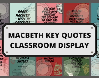 May include: A classroom display of key quotes from the play Macbeth. The quotes are displayed on colourful cards with illustrations. The title "Macbeth Key Quotes Classroom Display" is written in black text on a white background.