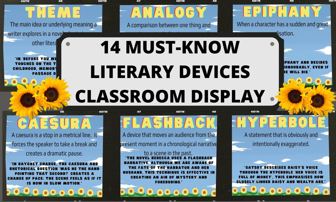 X14 Mustknow Literary Devices Sunflower, Happy Classroom Decor Instant
