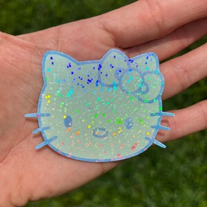 3" Holographic Kitty Sticker: Sparkly Sticker Pale Green/Blue