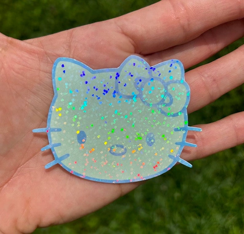 3" Holographic Kitty Sticker: Sparkly Sticker Pale Green/Blue