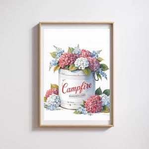 Vintage Campfire Marshmallows white tin red white blue hydrangeas 4th of July floral digital download wall art patriotic America cottage