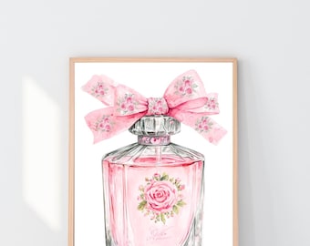 香水瓶と花のアートプリント ガーリーな壁アート、ピンクの香水瓶のプリント、コケットな部屋の装飾