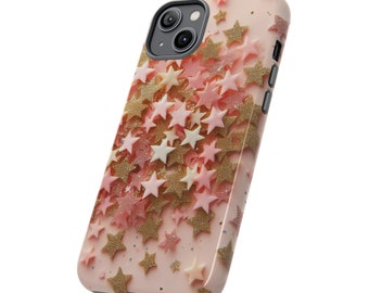 Pink 3D gold glitter stars  iPhone 15 14  pro plus Tough Cases Samsung case cute gift