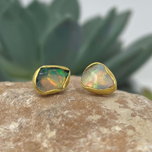 Raw Opal Stud Earrings **Dainty** [18K Gold Fire Opal Studs] October Birthstone (Handmade & Ships From Boise, ID)