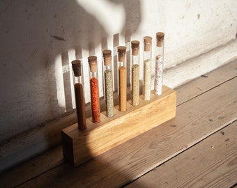 Glass Test Tube Holder With Cork Stoppers | Oak Bud Stand | Spice Rack | Propagation Station | Single Stem Vase | Plant Cuttings Vase