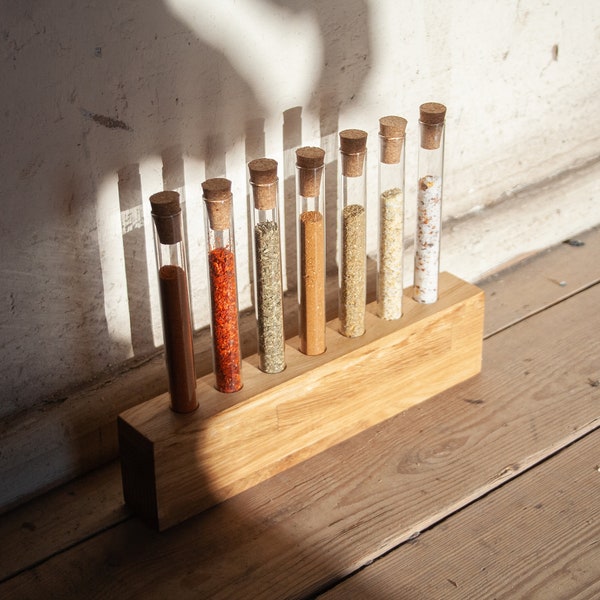 Wooden Spice Rack With Glass Test Tubes And Cork Stoppers