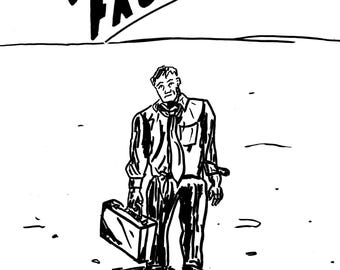 May include: Black and white illustration of a man in a suit holding a briefcase, with the word "FRUSTRATE" above him. Pencils and the words "STORIES THAT" are above the word "FRUSTRATE". A disconnected phone is on the ground.
