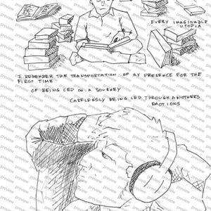 May include: A black and white sketch depicts a person reading, surrounded by stacks of books and handwritten text. The artwork includes phrases like "The doors to infinite paths" and "Knowledge at every destination."