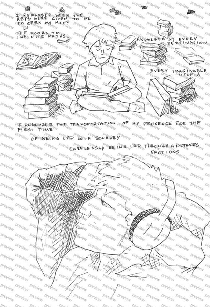 May include: A black and white sketch depicts a person reading, surrounded by stacks of books and handwritten text. The artwork includes phrases like "The doors to infinite paths" and "Knowledge at every destination."